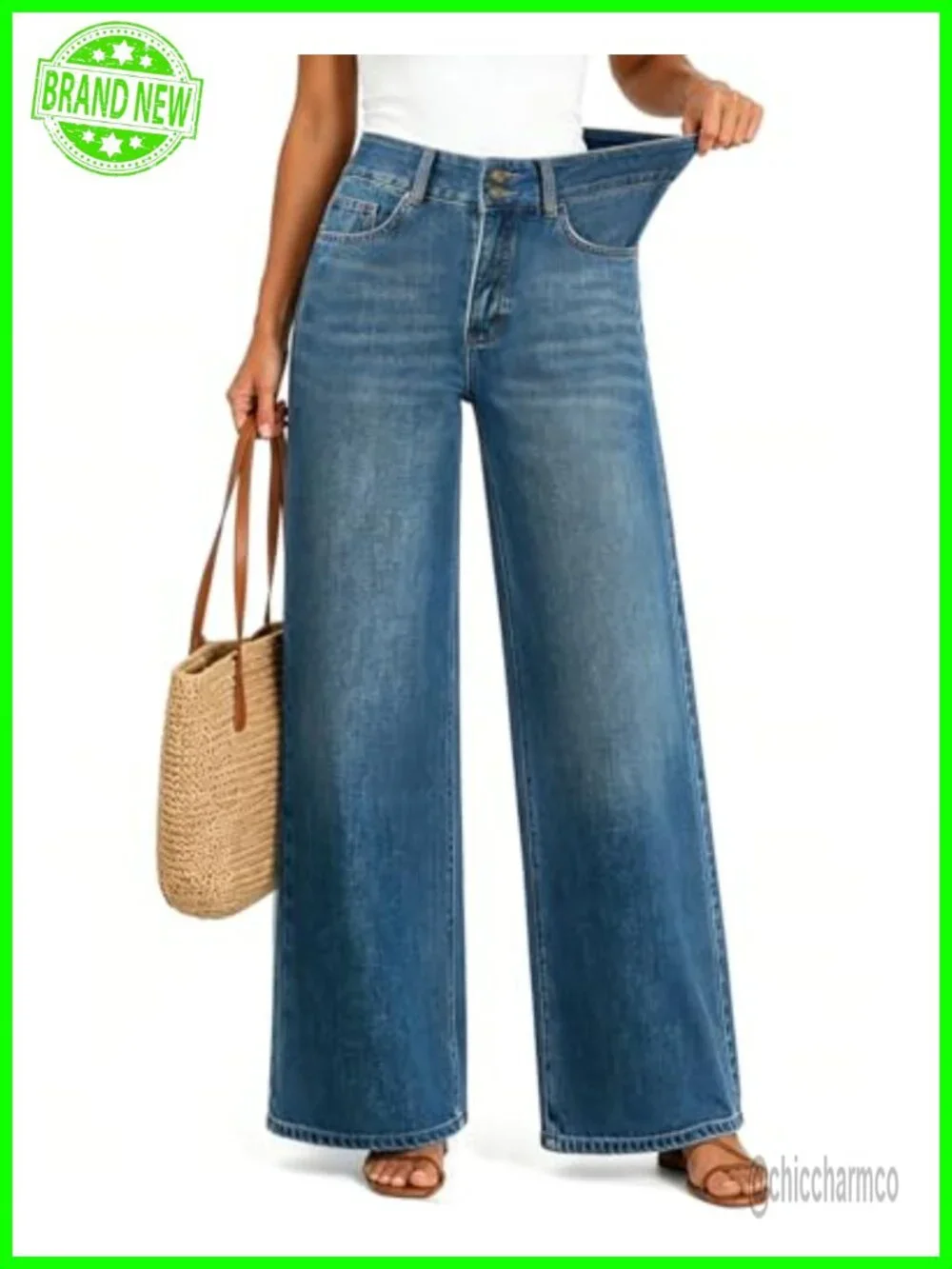 High Waisted Baggy Wide Leg Stretchy Tummy Control Jeans - Picture 1 of 5